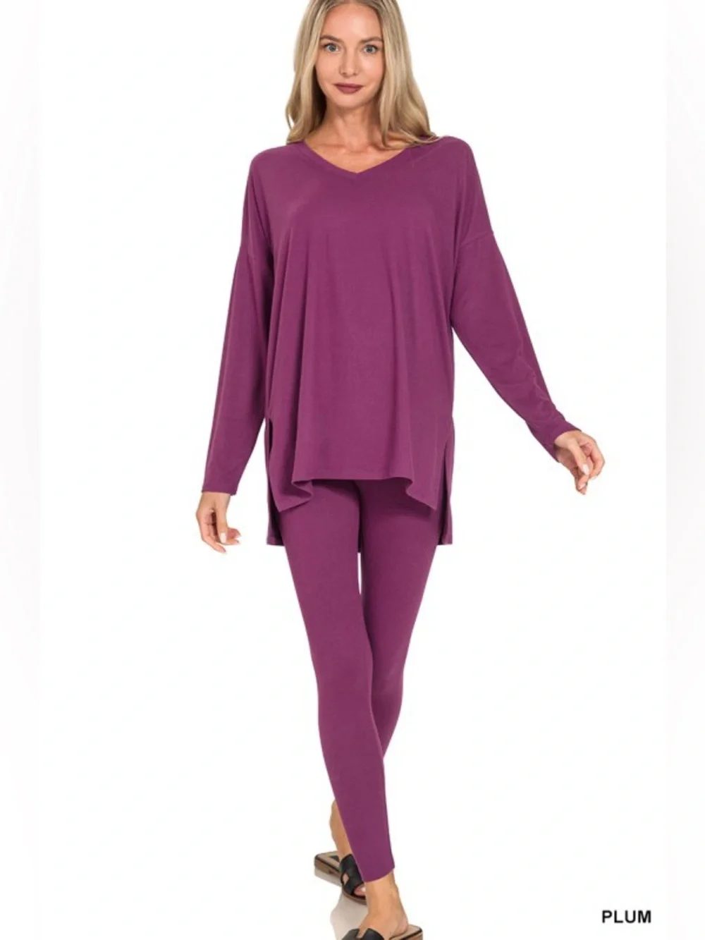 NWT 2pc Zenana EGGPLANT BRUSHED DTY MICROFIBER TOP BOTTOMS SET BUTTERY SOFT